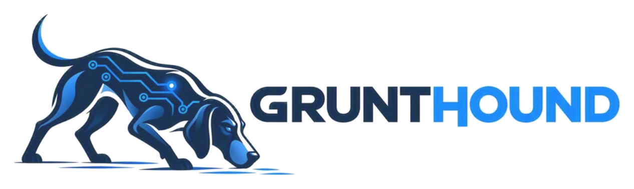 GruntHound logo: a blue hound with circuit lines, sniffing the ground, next to the GRUNTHOUND wordmark